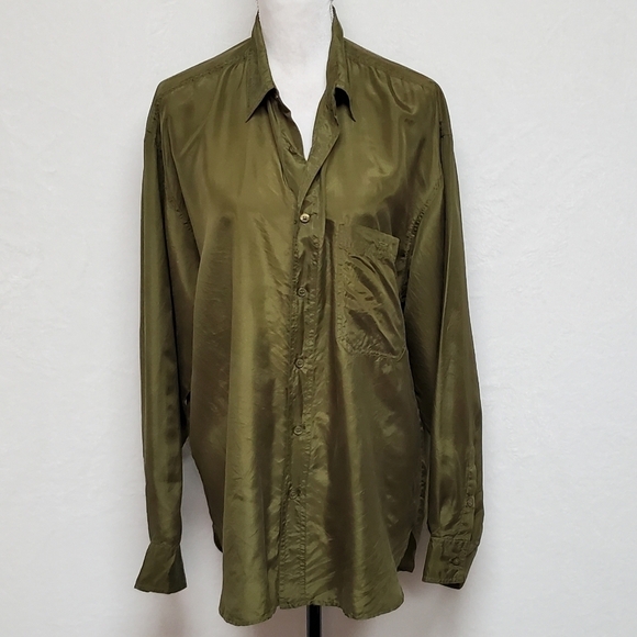 Vintage 90s IOU Silk Olive Oversized Button Up Hi-low Tunic Blouse Mini Dress M - Picture 4 of 13